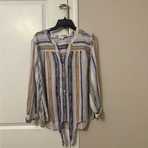 Striped Button-Front Women's Blouse in Blue & Tan